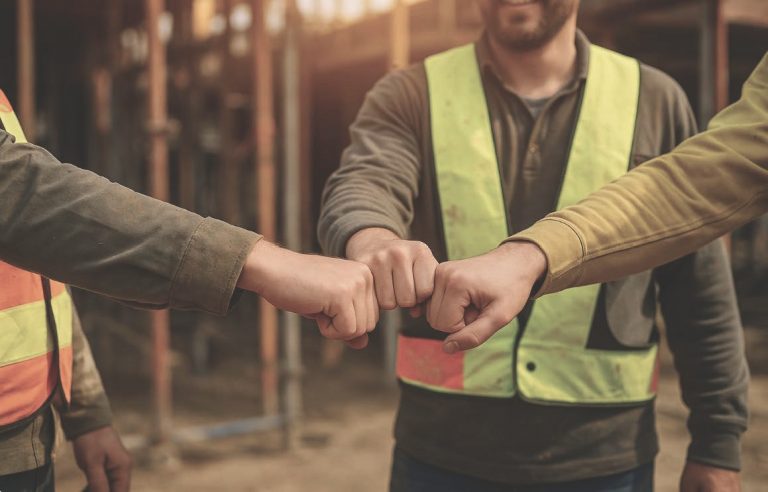 Drei Bauarbeiter stoßen die Fäuste zusammen – Symbol für Teamgeist und Zusammenhalt beim Bauunternehmen Bölts.