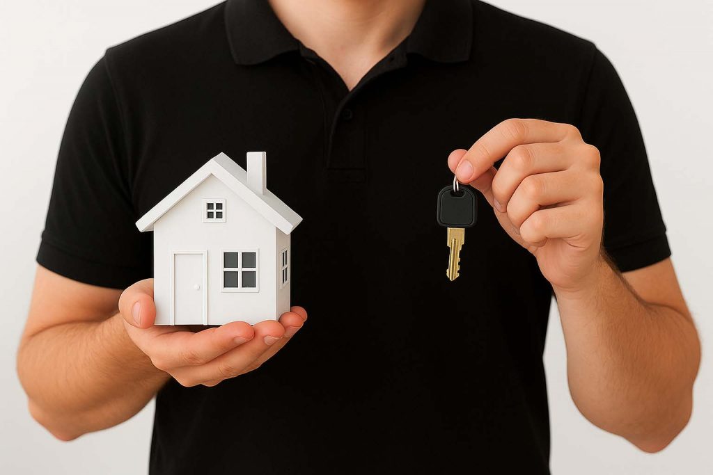 Person hält ein Modellhaus und einen Schlüssel – Symbol für schlüsselfertiges Bauen beim Bauunternehmen Bölts.